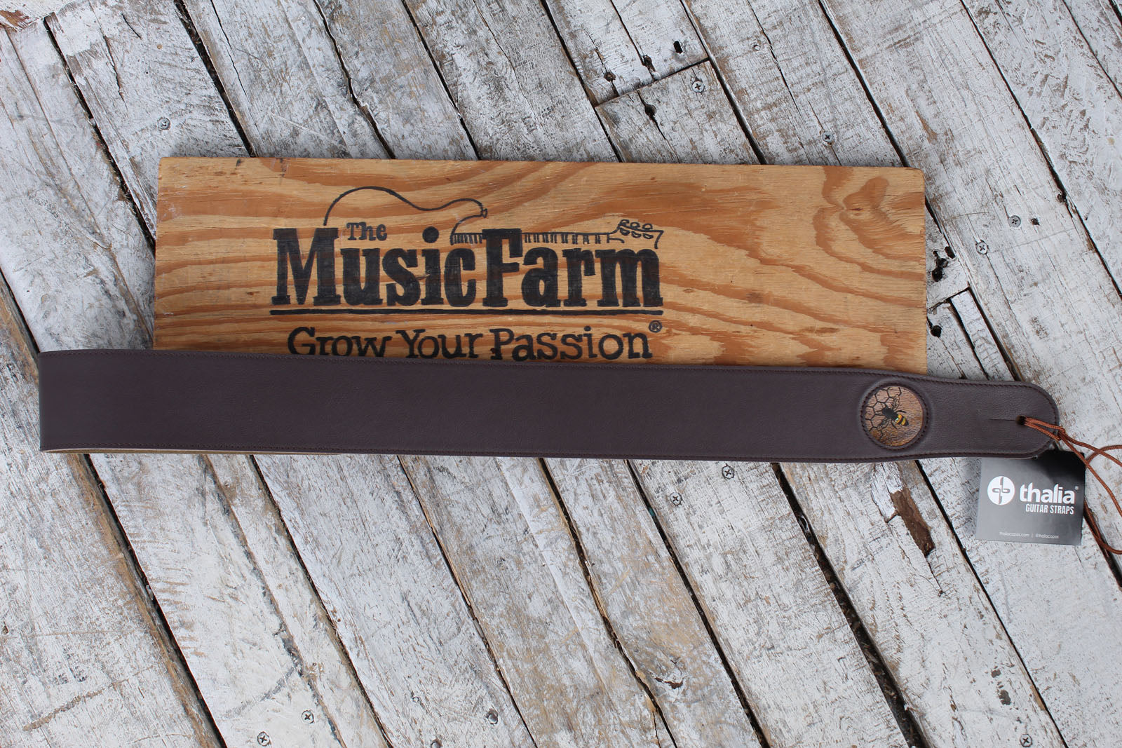 Thalia Dark Chocolate Leather Guitar Strap with AAA Curly Hawaiian Koa and Bee Inlay