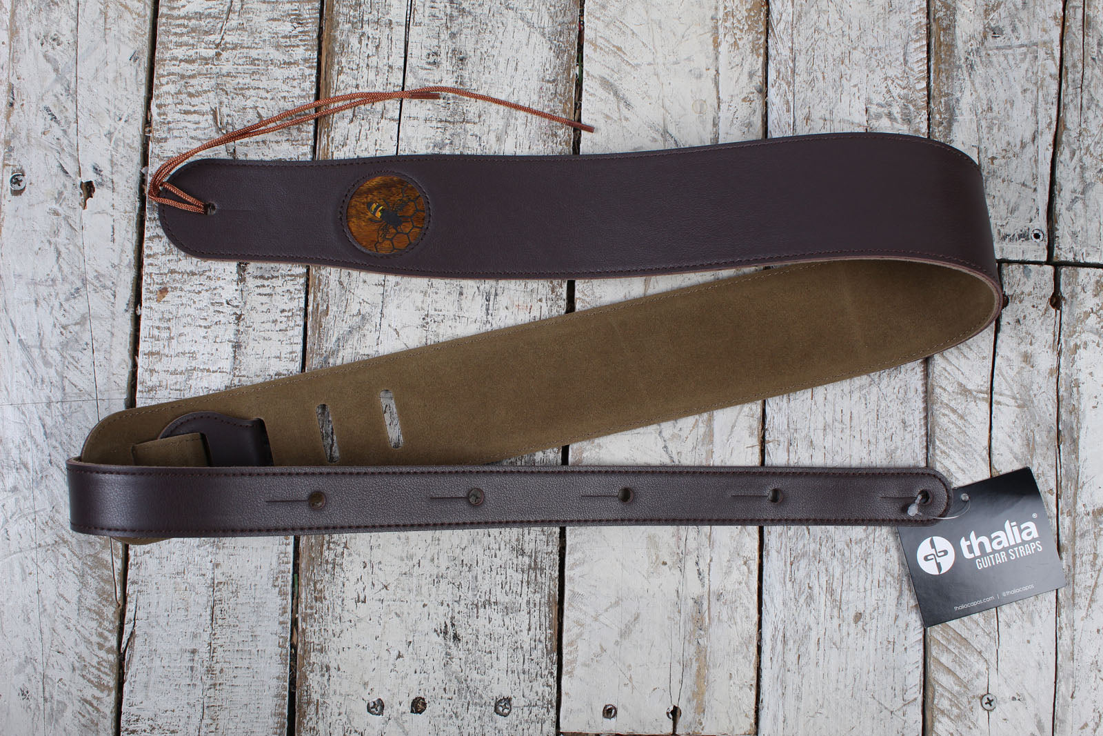 Thalia Dark Chocolate Leather Guitar Strap with AAA Curly Hawaiian Koa and Bee Inlay Main image