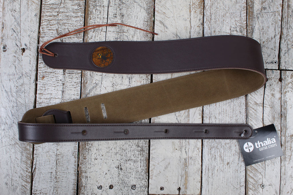 Thalia Dark Chocolate Leather Guitar Strap with AAA Curly Hawaiian Koa and Bee Inlay