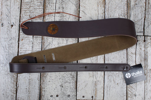 Thalia Dark Chocolate Leather Guitar Strap with AAA Curly Hawaiian Koa and Bee Inlay