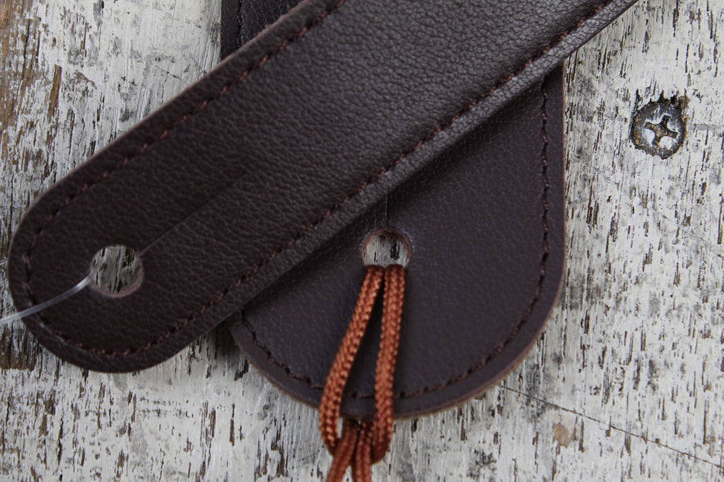Thalia Dark Chocolate Leather Guitar Strap with AAA Curly Hawaiian Koa and Bee Inlay