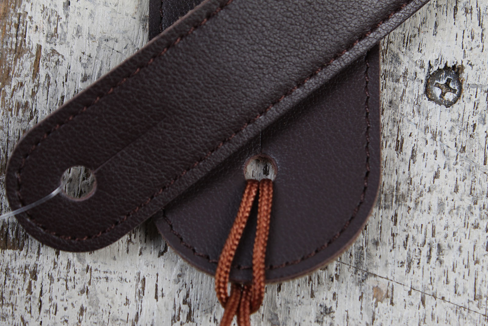 Thalia Dark Chocolate Leather Guitar Strap with AAA Curly Hawaiian Koa and Bee Inlay