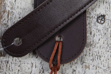 Load image into Gallery viewer, Thalia Dark Chocolate Leather Guitar Strap with AAA Curly Hawaiian Koa and Bee Inlay