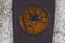 Load image into Gallery viewer, Thalia Dark Chocolate Leather Guitar Strap with AAA Curly Hawaiian Koa and Bee Inlay