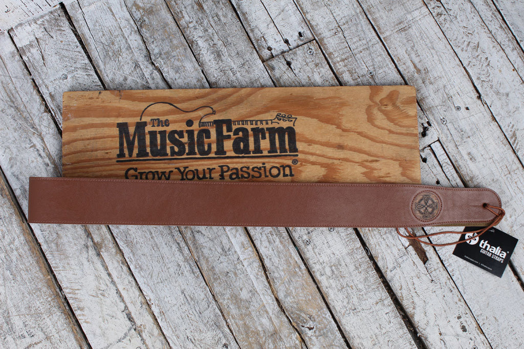 Thalia Brown Leather Guitar Strap with AAA Curly Koa Celtic Cross