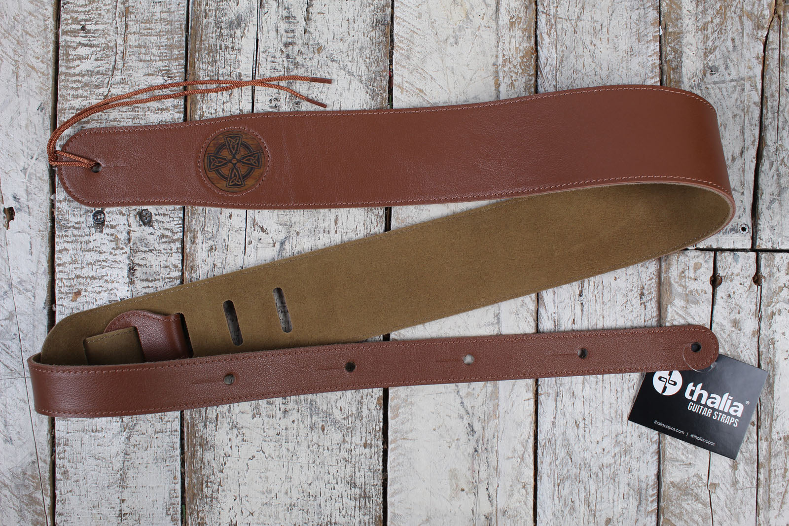 Thalia Brown Leather Guitar Strap with AAA Curly Koa Celtic Cross Main image