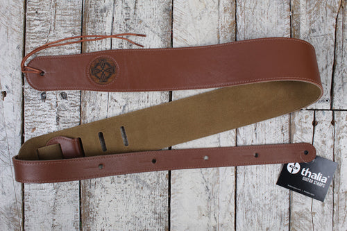 Thalia Brown Leather Guitar Strap with AAA Curly Koa Celtic Cross