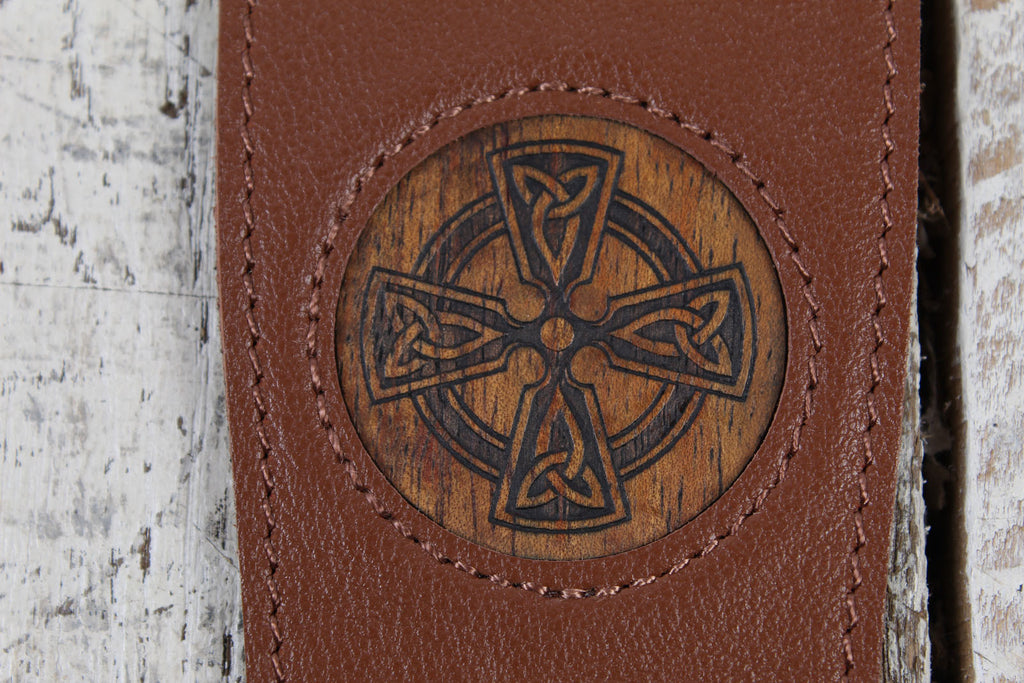 Thalia Brown Leather Guitar Strap with AAA Curly Koa Celtic Cross