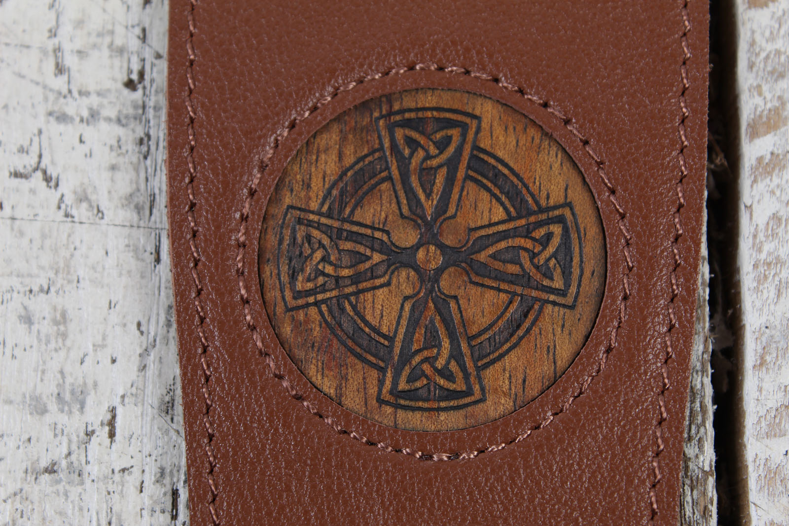 Thalia Brown Leather Guitar Strap with AAA Curly Koa Celtic Cross