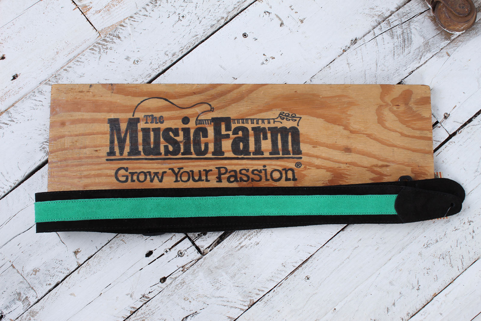 Henry Heller 2 Inch Wide Black with Green Strip Suede Adjustable Guitar Strap