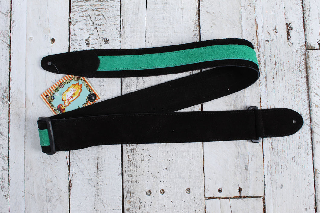 Henry Heller 2 Inch Wide Black with Green Strip Suede Adjustable Guitar Strap