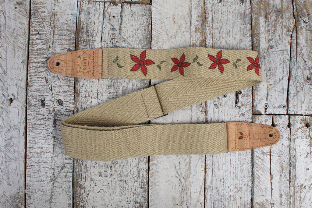 Levy's MH8P-012 2 Inch Wide Guitar Strap Flowering Vine Hemp Series with Red Flowers