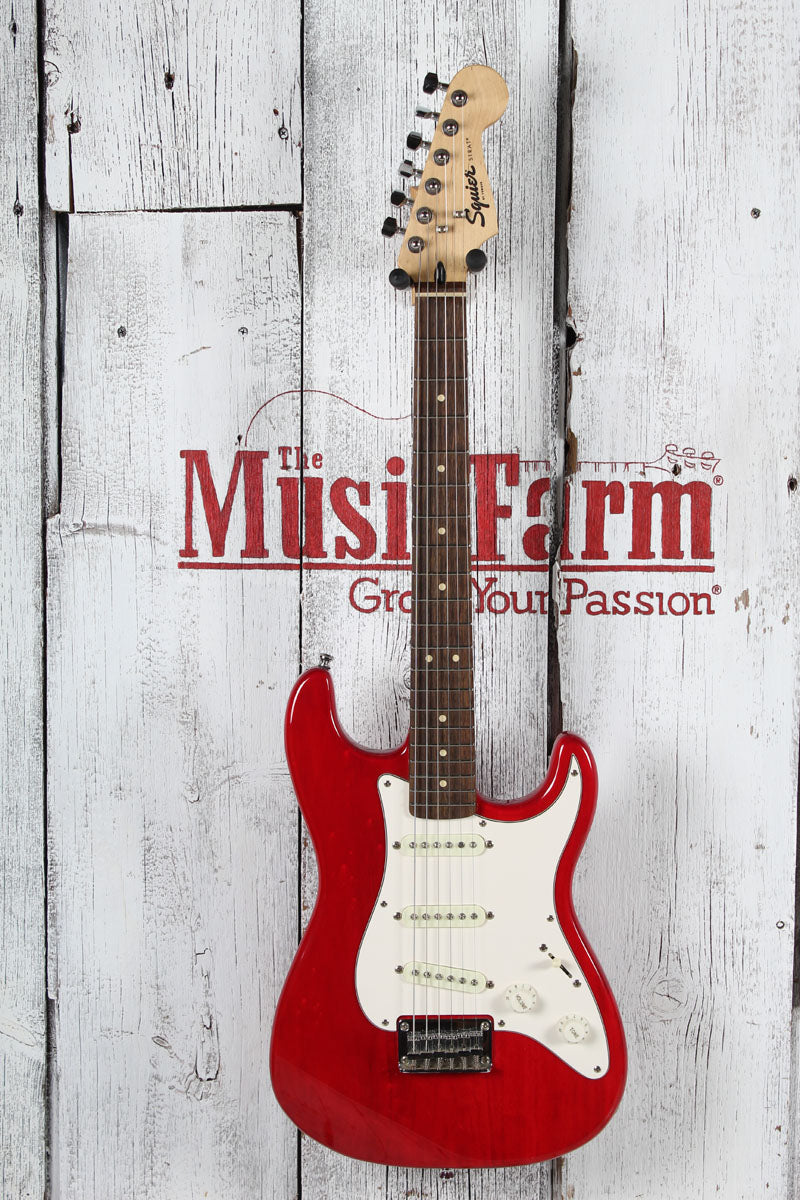 Squier 2019 FSR Mini Stratocaster Electric Guitar Crimson Red Transparent