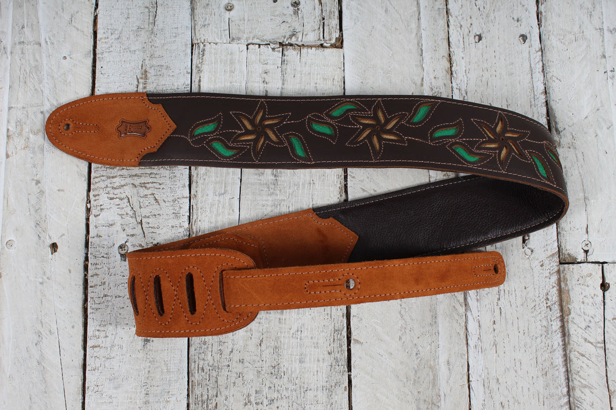 Levy's M4FV-DBR  2.5 Inch Wide Flowering Vine Series Brown Leather Guitar Strap Main image