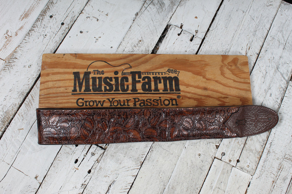 Levys M4WP-006 3 Inch Wide Distressed Floral Embossed Brown Leather Guitar Strap