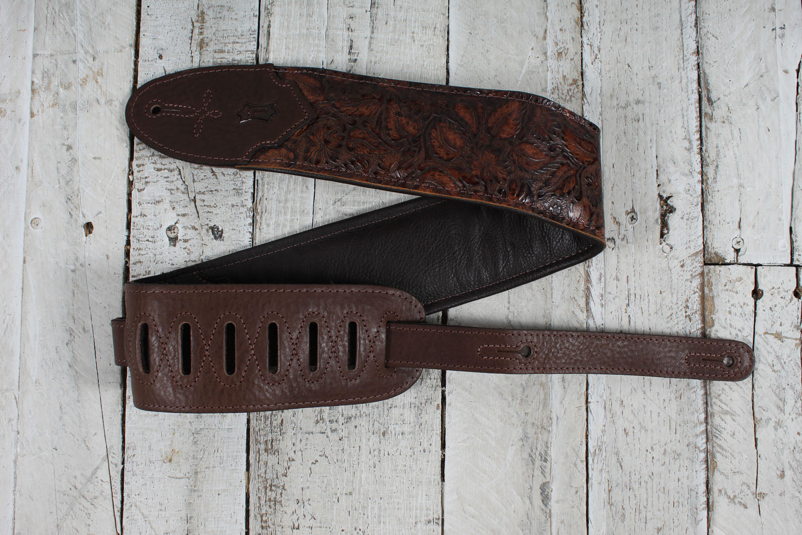 Levys M4WP-006 3 Inch Wide Distressed Floral Embossed Brown Leather Guitar Strap