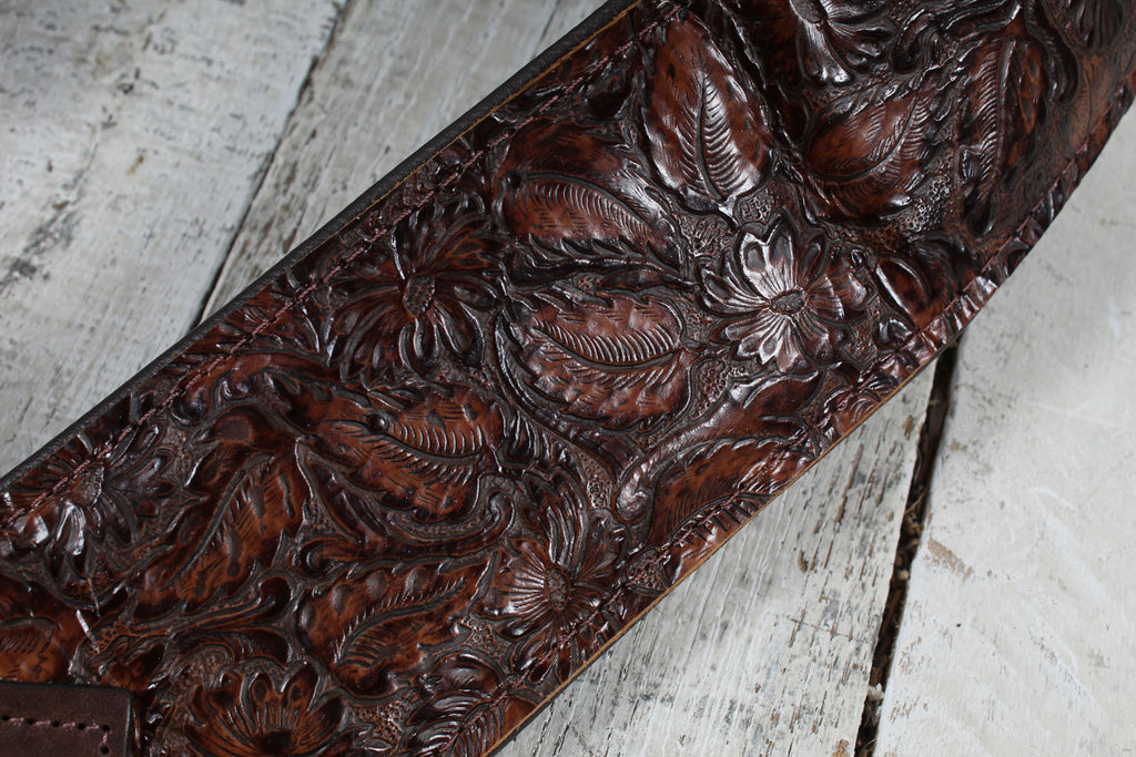 Levys M4WP-006 3 Inch Wide Distressed Floral Embossed Brown Leather Guitar Strap