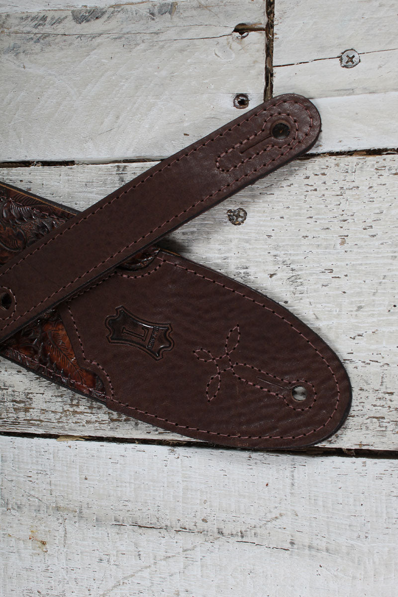 Levys M4WP-006 3 Inch Wide Distressed Floral Embossed Brown Leather Guitar Strap