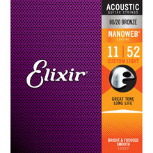 Load image into Gallery viewer, Elixir Nanoweb 80/20 Bronze Custom Light Acoustic Guitar Strings - 11/52