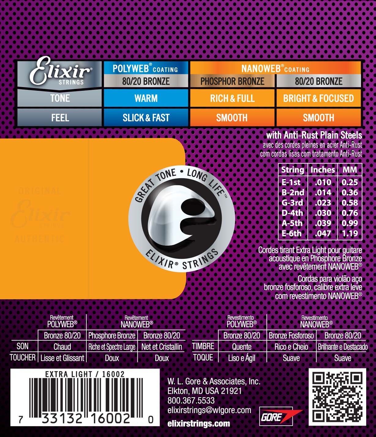 Elixir Nanoweb Phosphor Bronze Extra Light Acoustic Guitar Strings - 10/47