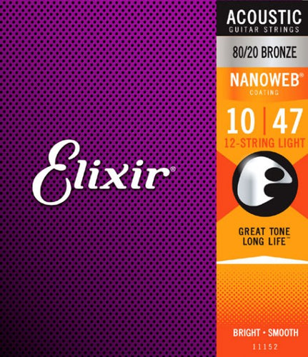 Elixir Nanoweb 80/20 Bronze 12-String Light Acoustic Guitar Strings - 10/47