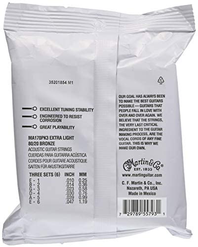 Martin MA170PK3 Authentic 80/20 Bronze Acoustic Guitar Strings - Extra Light - 3 Pack