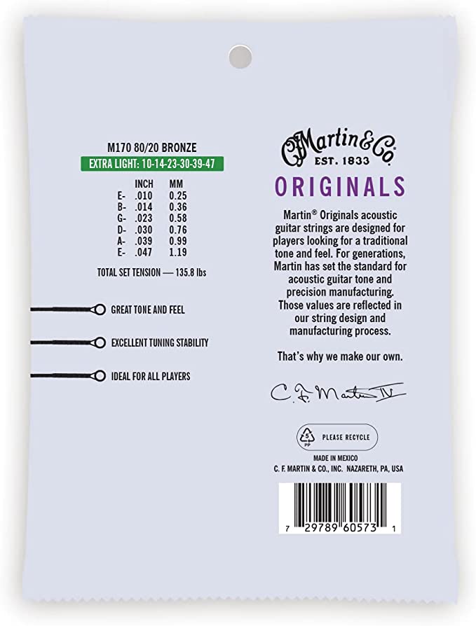 Martin M170 Traditional 80/20 Bronze Acoustic Guitar Strings - Extra Light