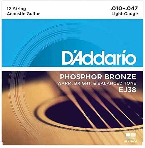 D'Addario EJ38 Phosphor Bronze 12-String Acoustic Guitar Strings - Light, 10/47