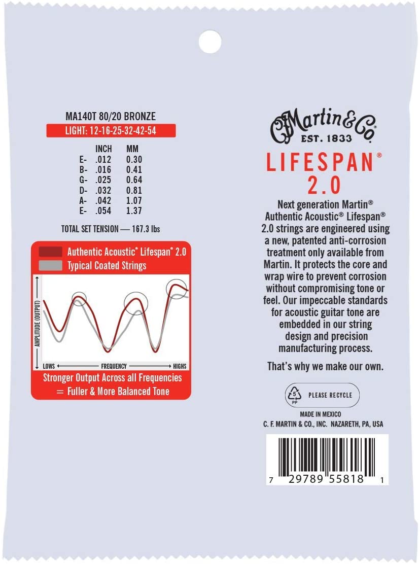 Martin MA140T Authentic Lifespan 2.0 Treated 80/20 Bronze Acoustic Guitar Strings - Light