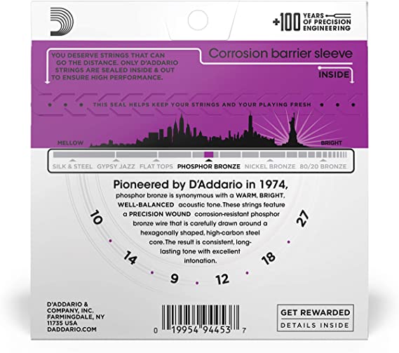D'Addario EJ38H Phosphor Bronze Acoustic Guitar Strings - High Strung/Nashville Tuning, 10-27