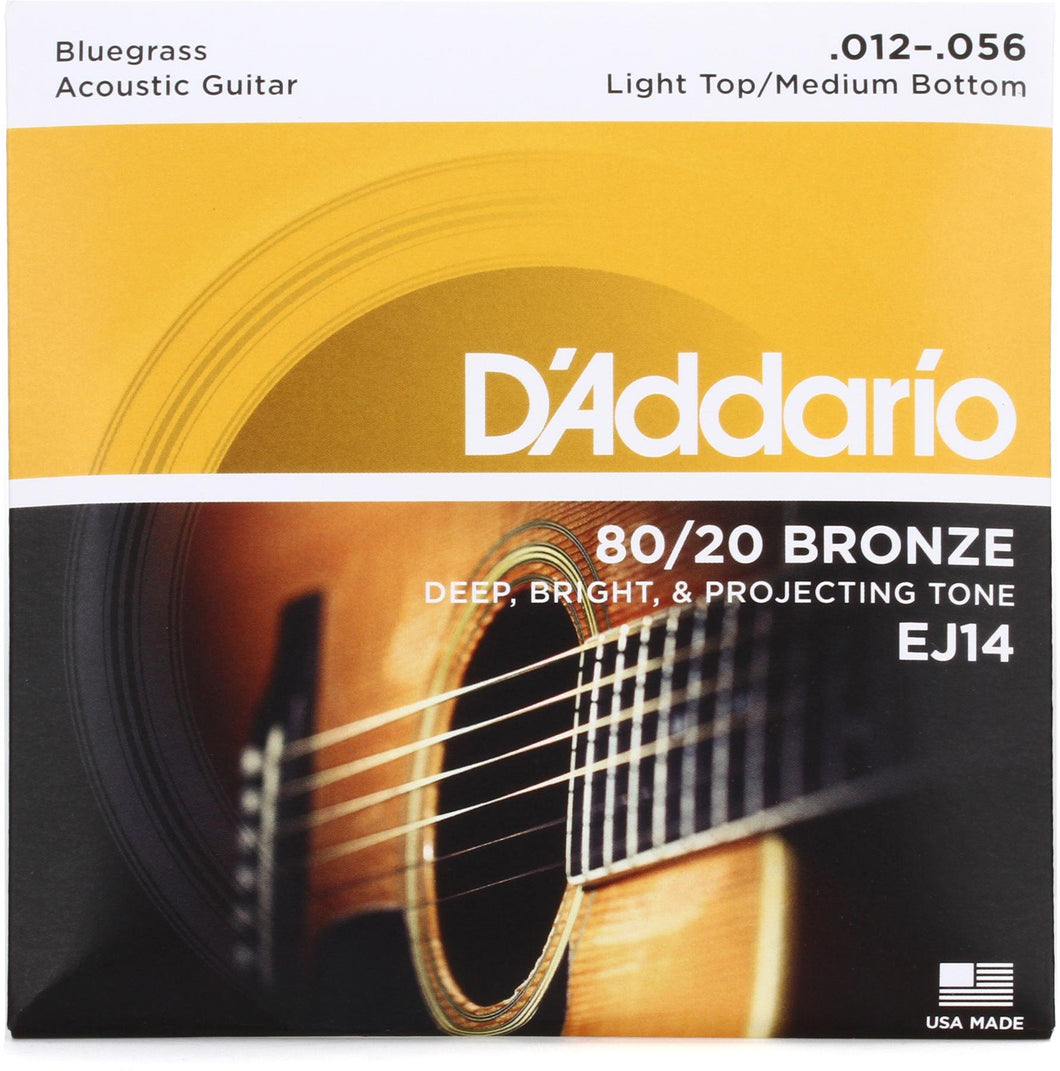 D'Addario EJ14 80/20 Bronze Bluegrass Acoustic Guitar Strings - Light Top/Med Bottom, 12/56
