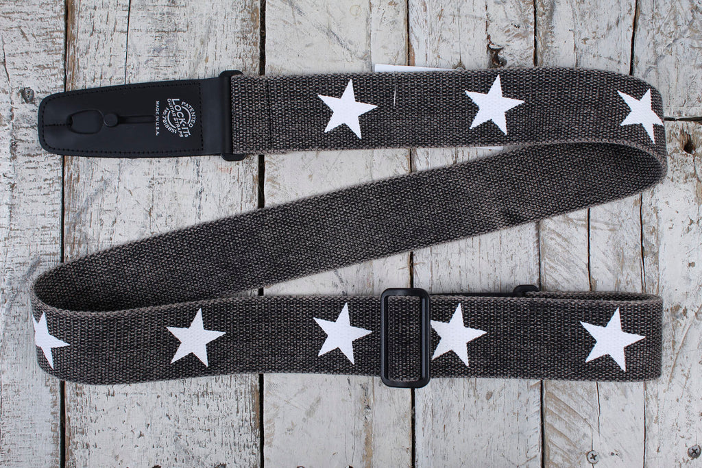 Lock-It Straps 2" Distressed Cotton Guitar Strap Black with White Stars