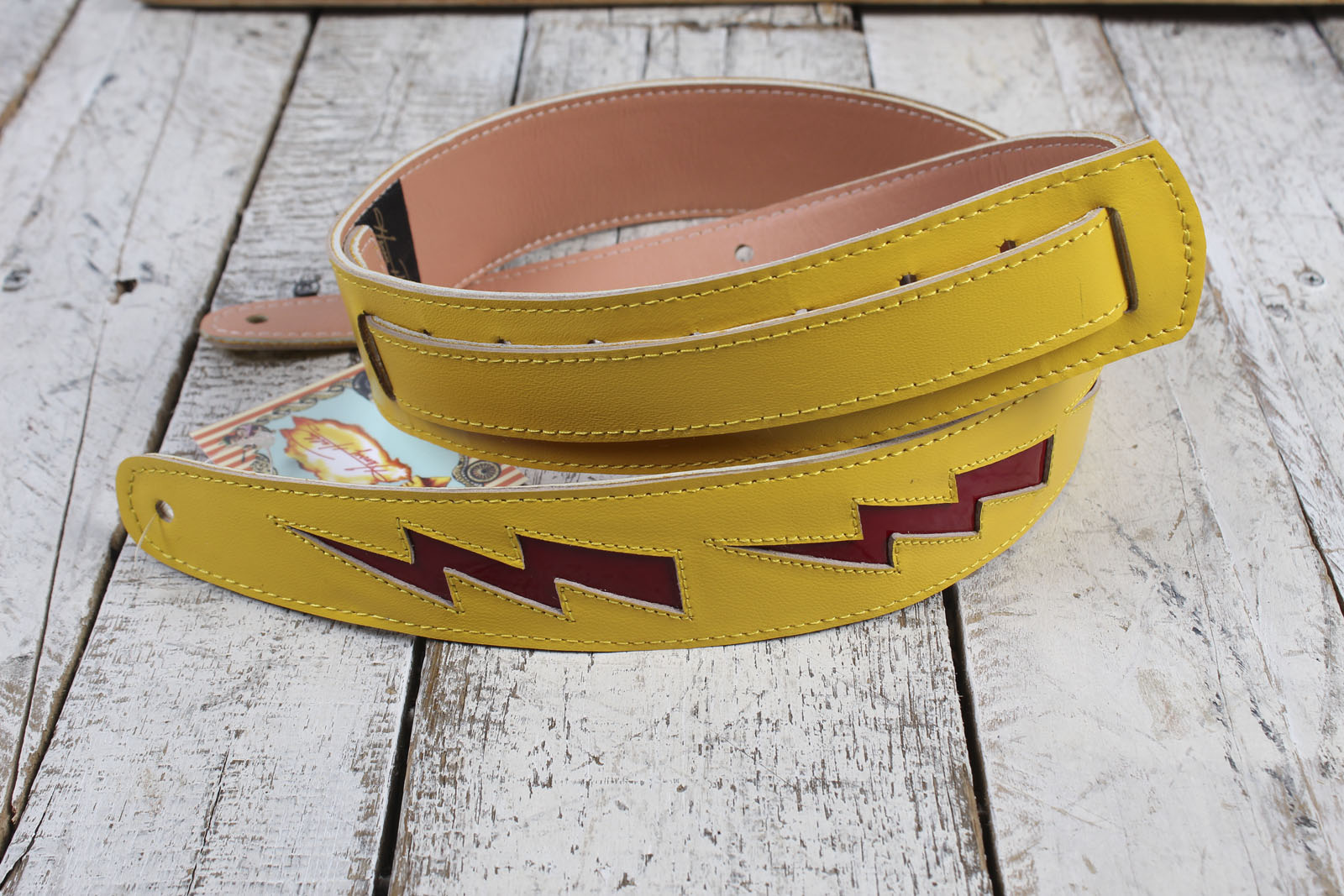 Henry Heller Yellow Capri Leather Guitar Strap with Red Leather Bolts Main image