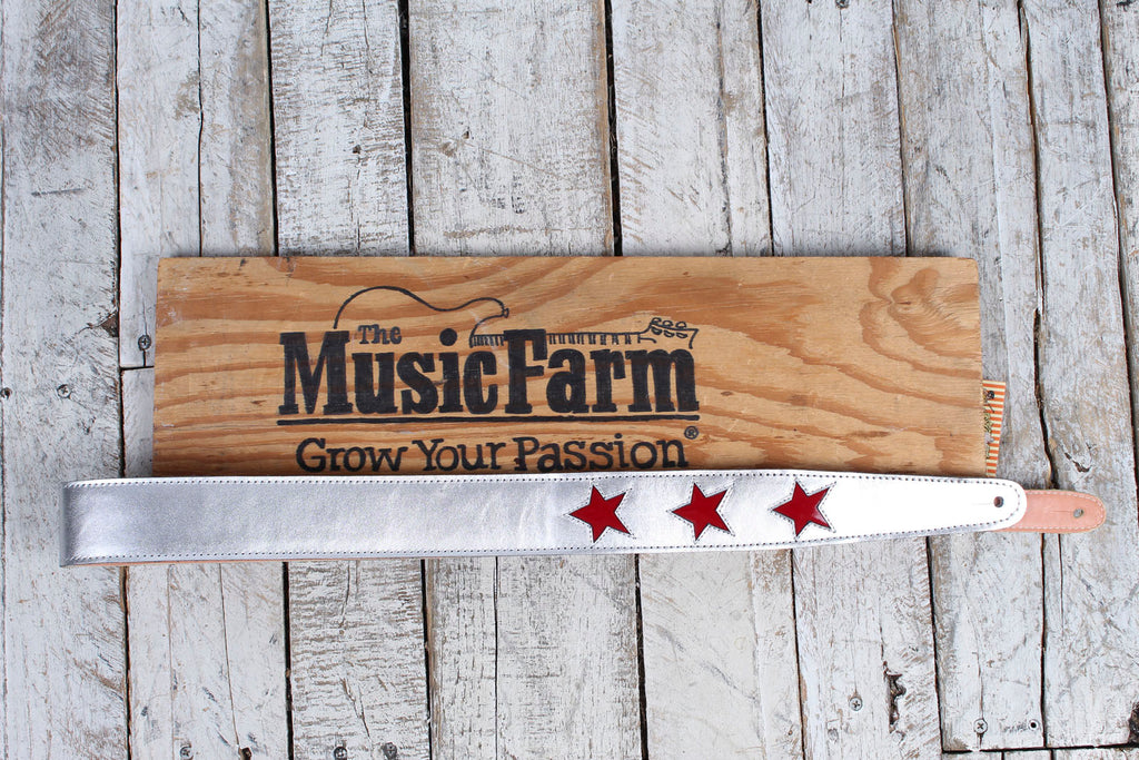 Henry Heller Silver Capri Leather Guitar Strap with Red Patent Leather Stars