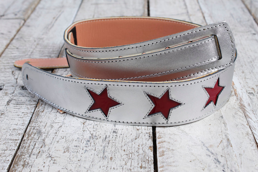 Henry Heller Silver Capri Leather Guitar Strap with Red Patent Leather Stars