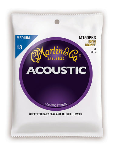 Martin M150PK3 Traditional 80/20 Bronze Acoustic Guitar Strings - Medium - 3 Pack