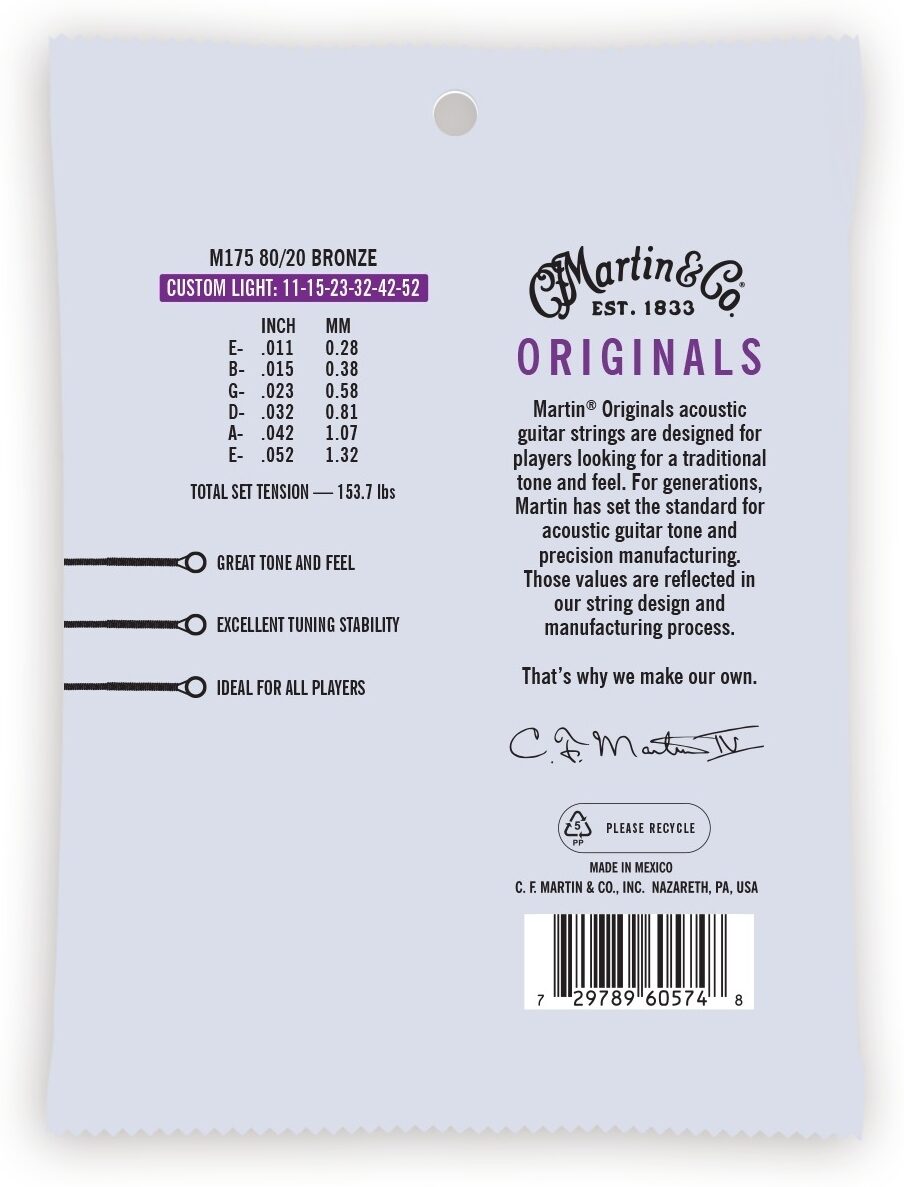 Martin M175 Traditional 80/20 Bronze Acoustic Guitar Strings - Custom Light