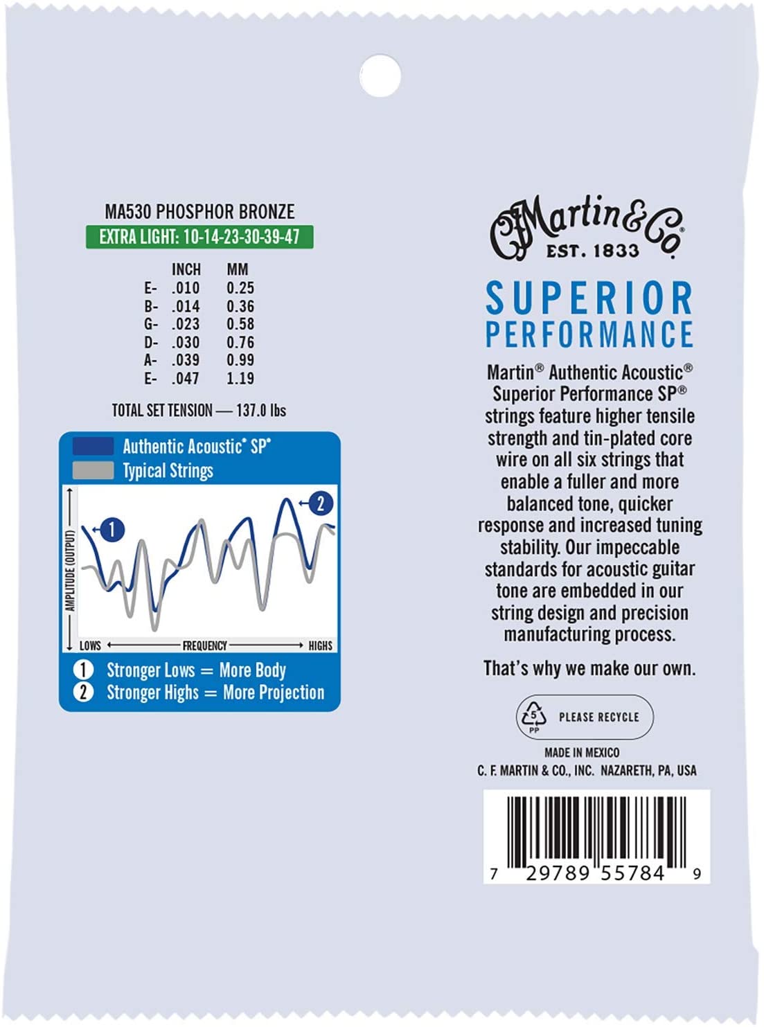 Martin MA530 Authentic Phosphor Bronze Acoustic Guitar Strings - Extra Light