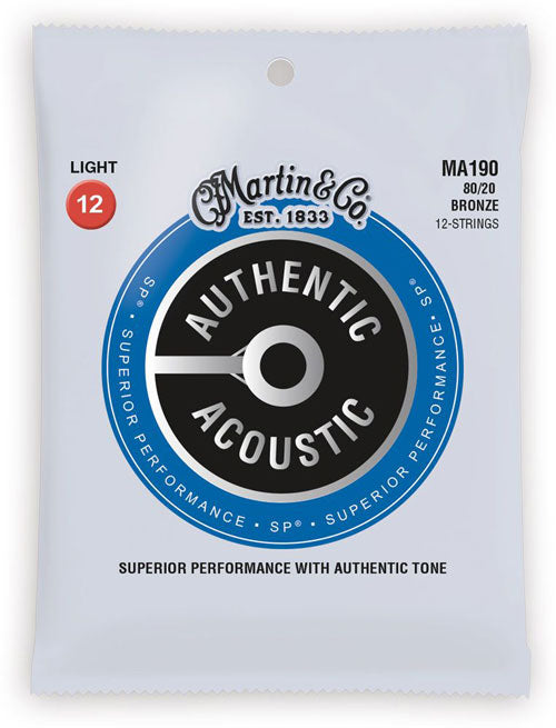Martin MA190 Authentic 80/20 Bronze 12-String Acoustic Guitar Strings - Light