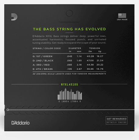 D'Addario NYXL45105 Nickel Wound Bass Guitar Strings - Light Top/Med Bottom, 45/105