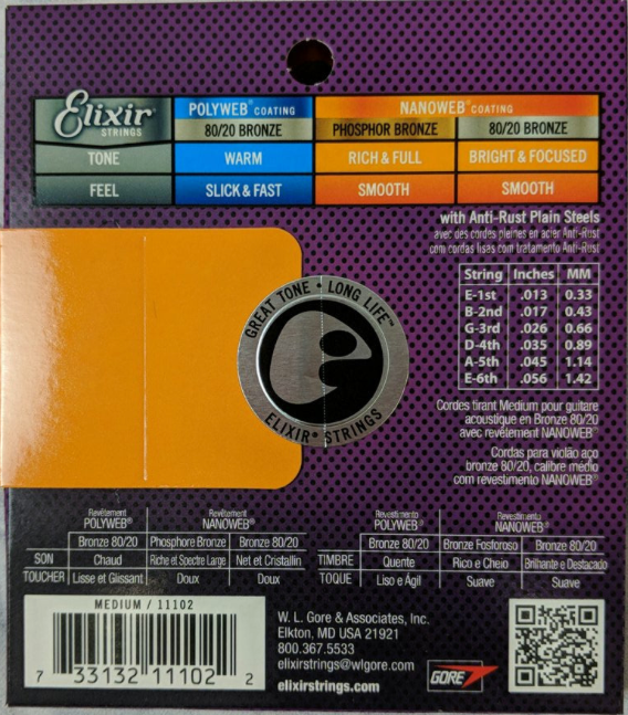 Elixir Nanoweb 80/20 Bronze Medium Acoustic Guitar Strings - 13/56