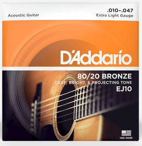 D'Addario EJ10 80/20 Bronze Acoustic Guitar Strings - Extra Light, 10/47
