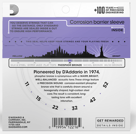 D'Addario EJ26 Phosphor Bronze Acoustic Guitar Strings - Custom Light, 11/52