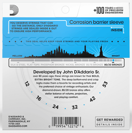 D'Addario EJ11 80/20 Bronze Acoustic Guitar Strings - Light, 12/53 Secondary image