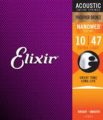 Elixir Nanoweb Phosphor Bronze Extra Light Acoustic Guitar Strings - 10/47