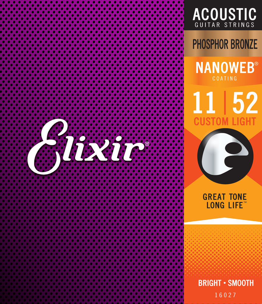 Elixir Nanoweb Phosphor Bronze Custom Light Acoustic Guitar Strings - 11/52