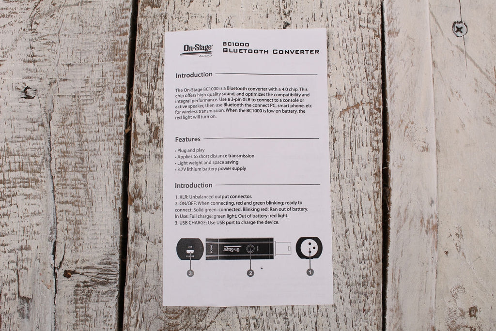 On Stage BC1000 XLR Bluetooth Receiver with Rechargeable Battery and USB Cable