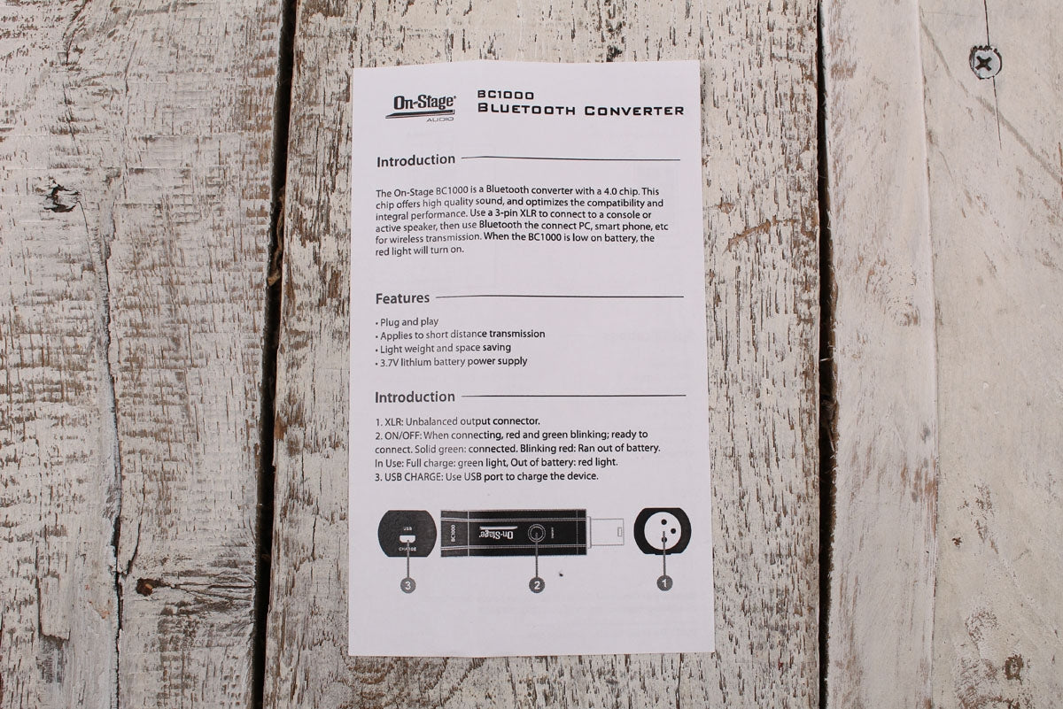 On Stage BC1000 XLR Bluetooth Receiver with Rechargeable Battery and USB Cable