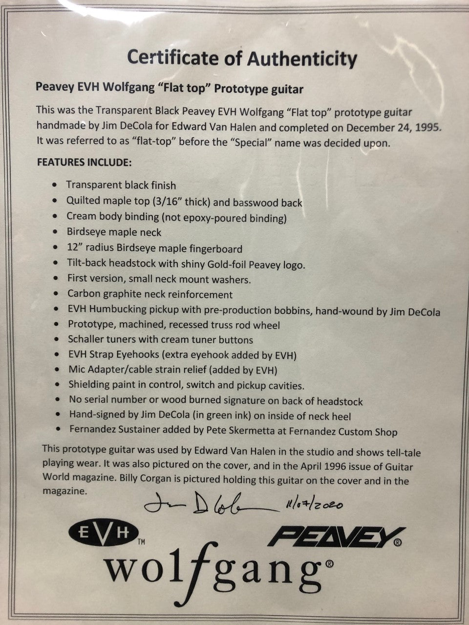 Peavey Flat Top Prototype Wolfgang Eddie Van Halen Owned EVH Guitar w Magazine